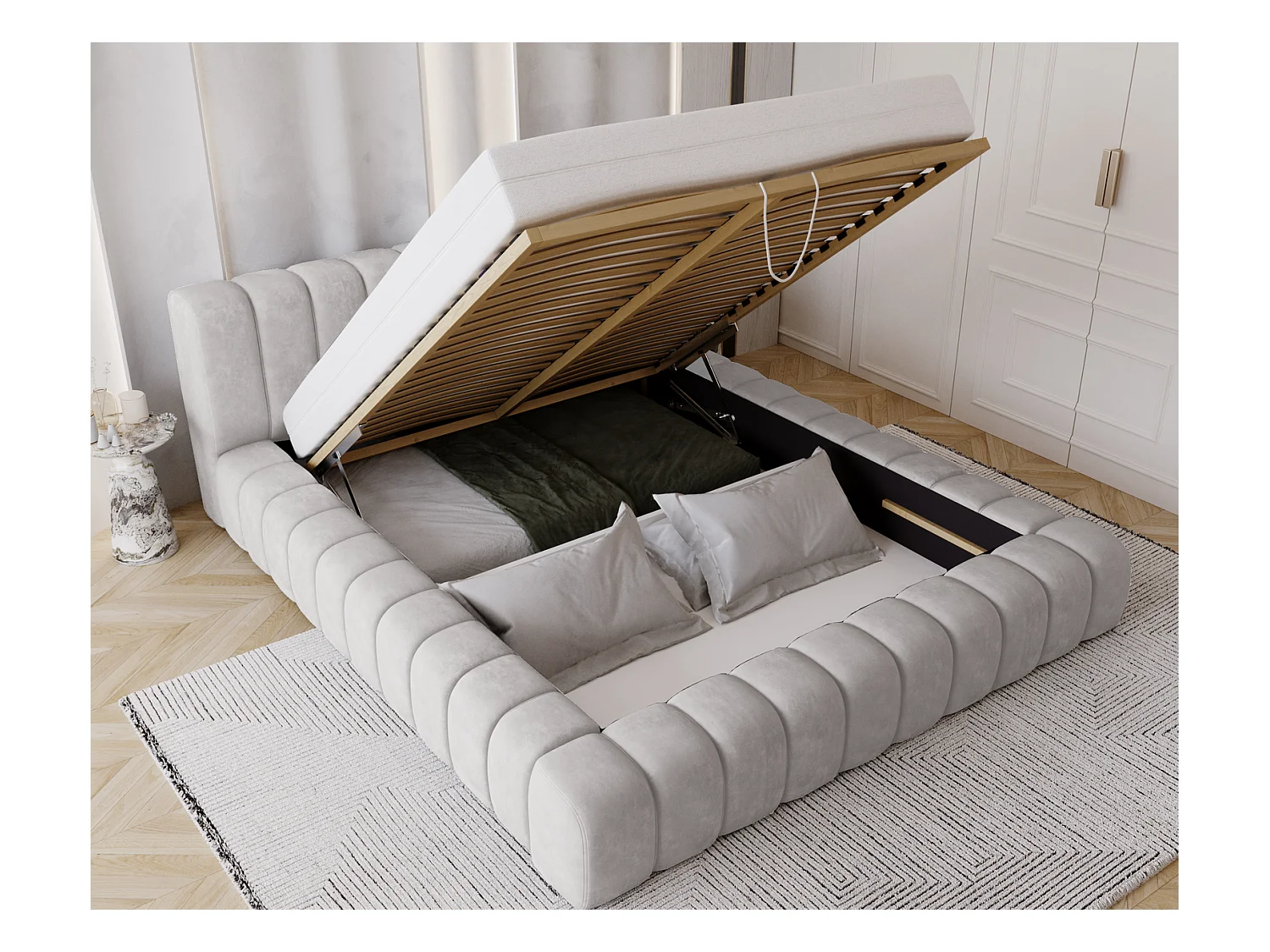 Emporius Lit avec Rangement 180x200cm Como, Lit capitonné, Lit adulte  - Mousse épaisse, tissu Velvet Gris clair (Whisper 16)