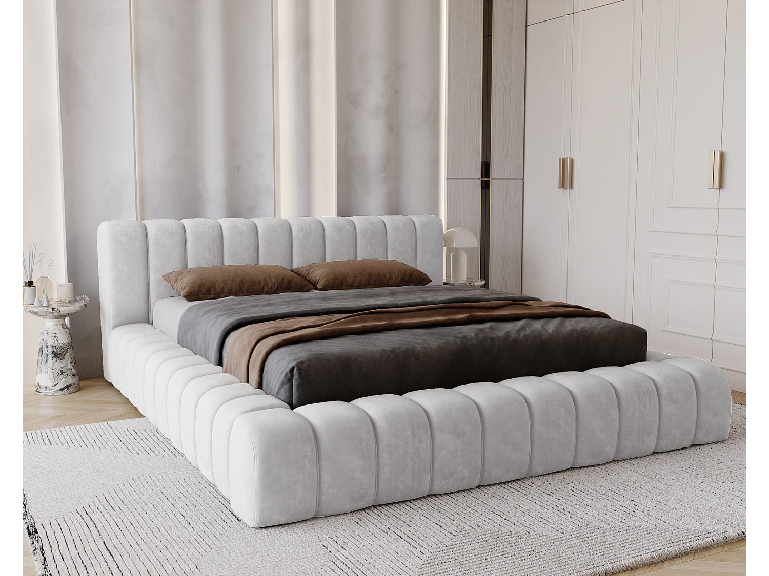 Emporius bed 180x200 met opbergruimte, lattenbodem Como - tweepersoonsbed, dik schuim, fluwelen - Lichtgrijs (Whisper 16)