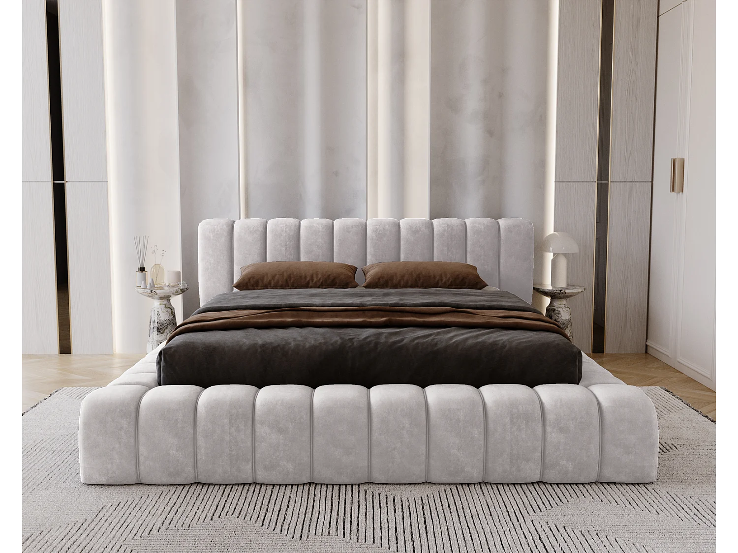 Emporius bed 180x200 met opbergruimte, lattenbodem Como - tweepersoonsbed, dik schuim, fluwelen - Lichtgrijs (Whisper 16)