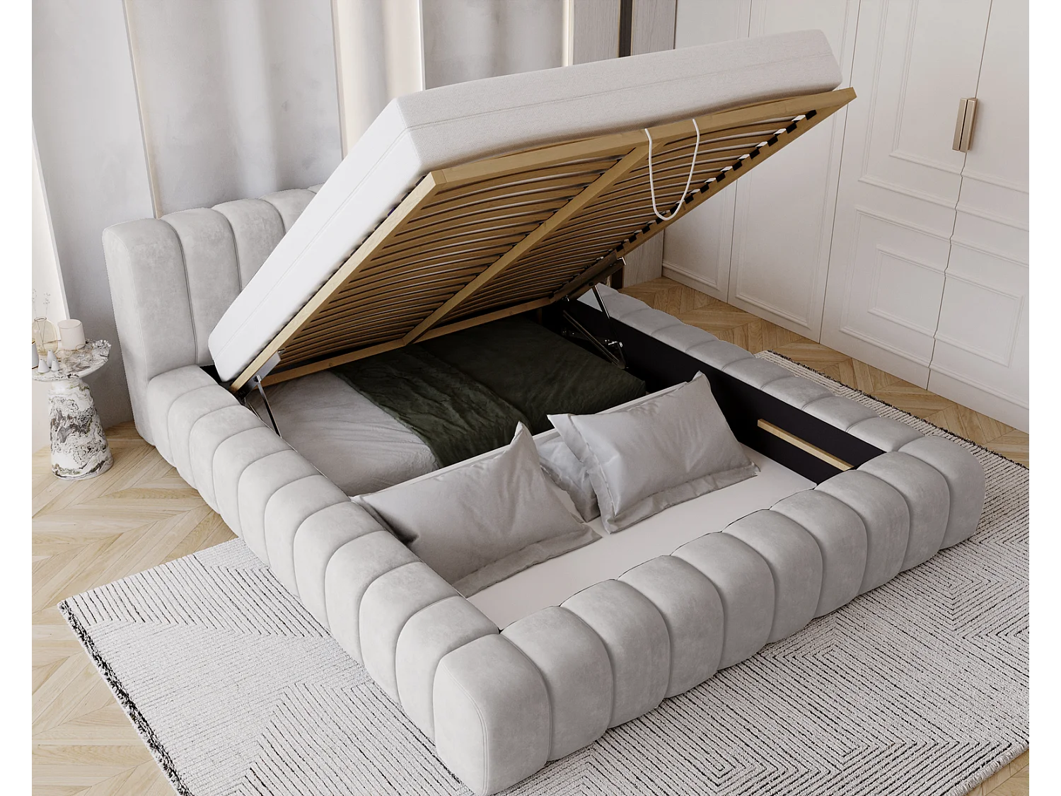 Emporius bed 180x200 met opbergruimte, lattenbodem Como - tweepersoonsbed, dik schuim, fluwelen - Lichtgrijs (Whisper 16)