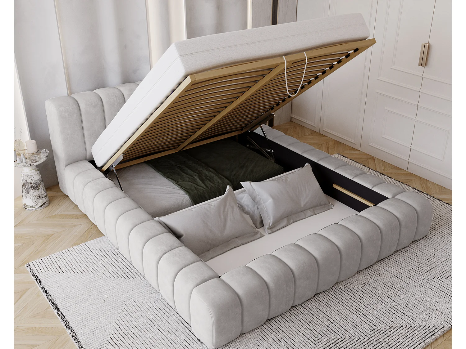 Emporius bed 180x200 met opbergruimte, lattenbodem Como - tweepersoonsbed, dik schuim, fluwelen - Lichtgrijs (Whisper 16)