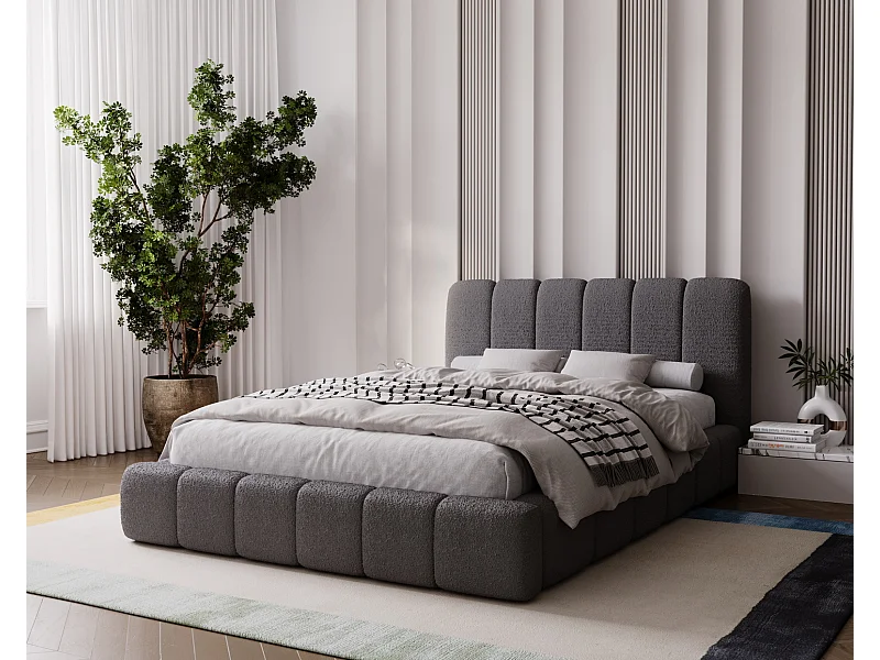 Emporius Doppelbett 140x200 Milan - Lattenrost, Bettkasten, Kopfteil - Polsterbett Bouclé (Dunkelgrau - Anthology 18)