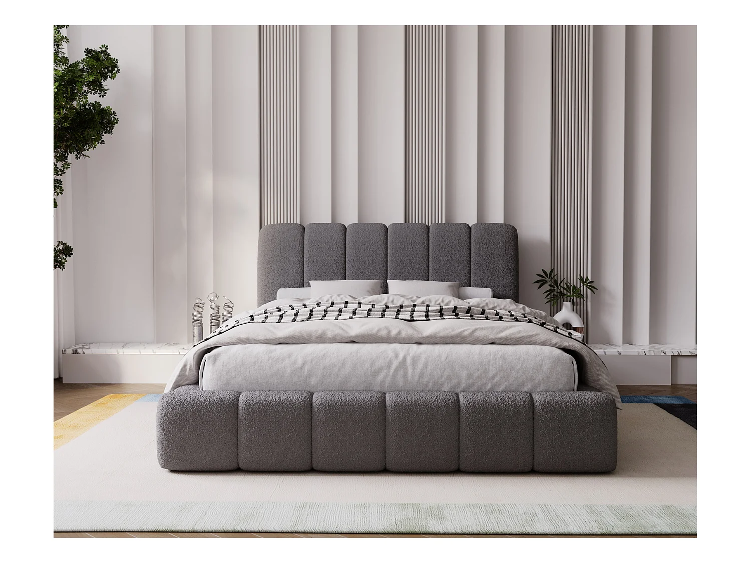 Emporius Doppelbett 140x200 Milan - Lattenrost, Bettkasten, Kopfteil - Polsterbett Bouclé (Dunkelgrau - Anthology 18)