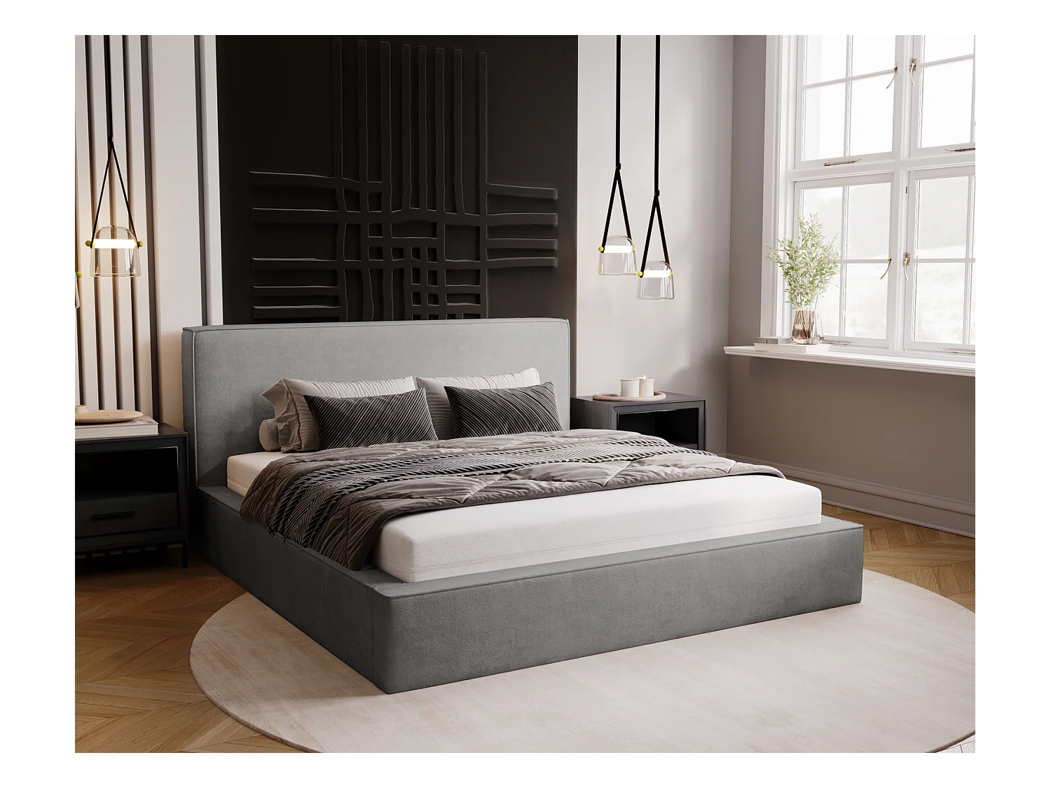 Emporius Lit double, lit adulte avec Rangement 200x200 cm Amare - Velour Gris (Komodo 21)