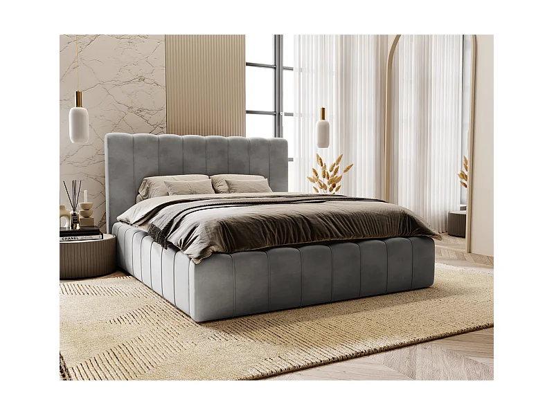 Emporius Lit Capitonné 160x200 Lisbon - Lit avec Sommier à Lattes, Rangement, Tête de Lit - Lit double velvet Gris (Magic Velvet 2217)