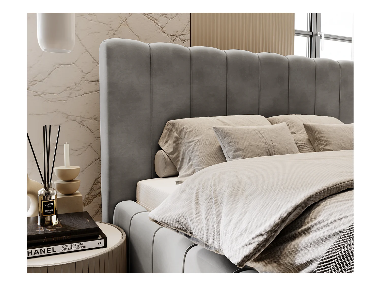 Emporius Lit Capitonné 160x200 Lisbon - Lit avec Sommier à Lattes, Rangement, Tête de Lit - Lit double velvet Gris (Magic Velvet 2217)