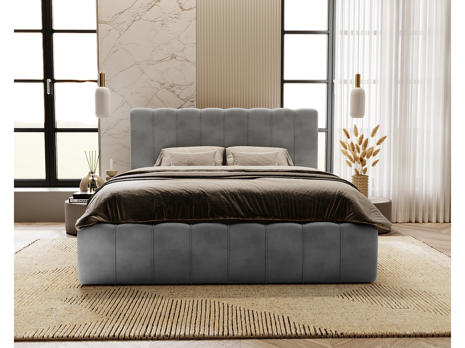 Emporius Lit Capitonné 160x200 Lisbon - Lit avec Sommier à Lattes, Rangement, Tête de Lit - Lit double velvet Gris (Magic Velvet 2217)