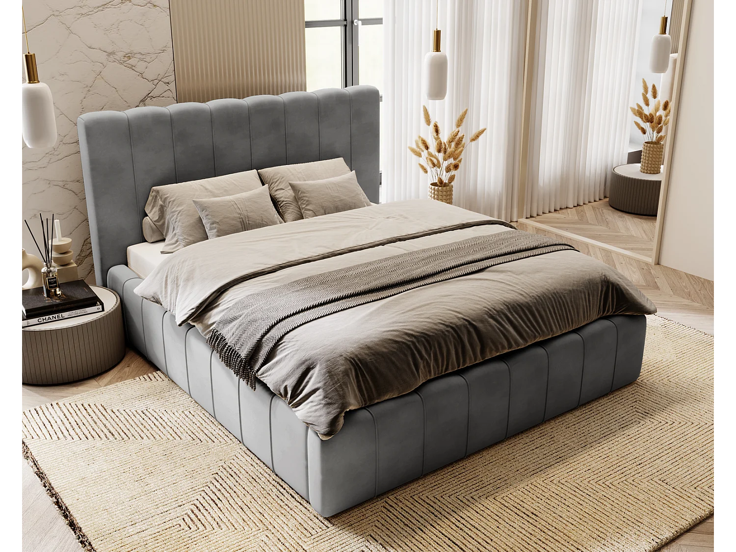 Emporius Polsterbett 160x200cm Lisbon - Bett mit Lattenrost, Bettkasten, Kopfteil - Schlafzimmerbett, doppelbett 160x200 - Velvet Grau (Magic Velvet 2217)