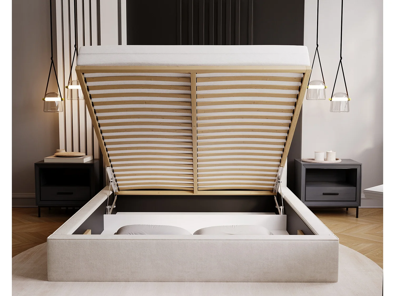 Emporius Lit double, lit adulte avec Rangement 140x200 cm Amare - Velour Crème (Komodo 10)