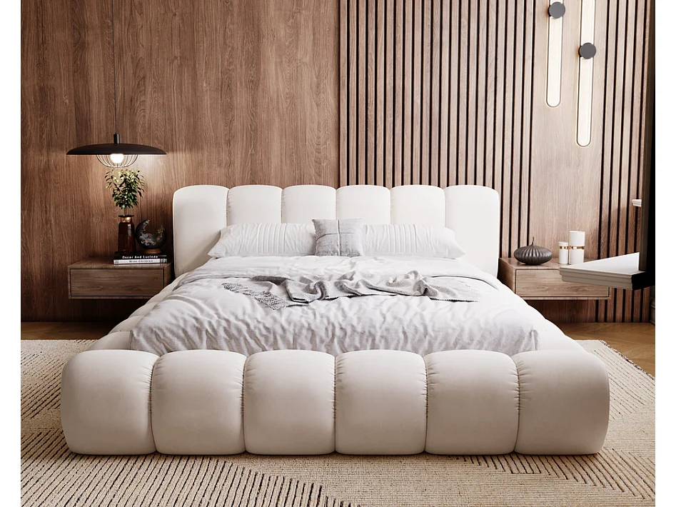 Emporius gestoffeerd bed 140x200 Cloud - Gestoffeerd Hoofdeinde, Lattenbodem, Opbergruimte - Tweepersoonsbed Fluweel - Crème (Jupiter 10)