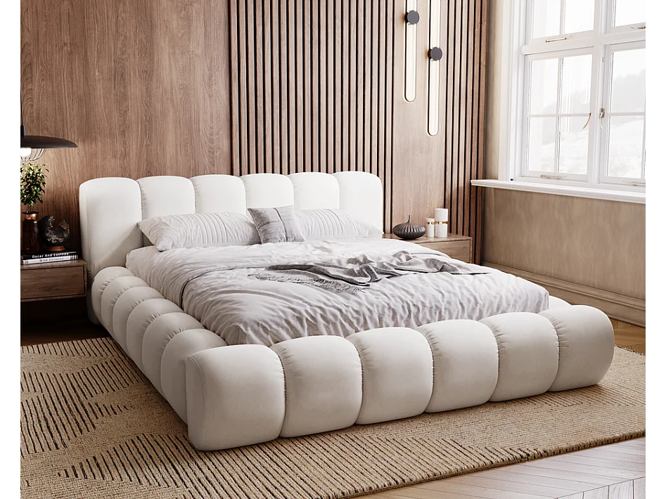 Emporius Lit avec sommier 140x200 Cloud - Lit rembourré, Lit adulte - Lit double avec Rangement, tête de lit - Velvet Crème (Jupiter 10)