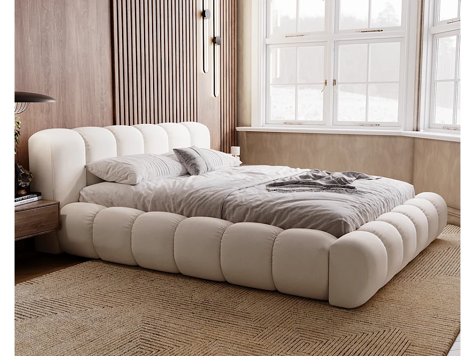 Emporius Lit avec sommier 140x200 Cloud - Lit rembourré, Lit adulte - Lit double avec Rangement, tête de lit - Velvet Crème (Jupiter 10)