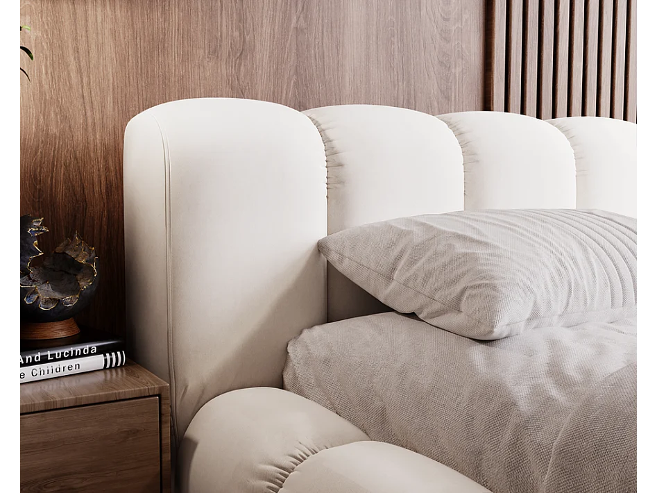 Emporius Lit avec sommier 140x200 Cloud - Lit rembourré, Lit adulte - Lit double avec Rangement, tête de lit - Velvet Crème (Jupiter 10)