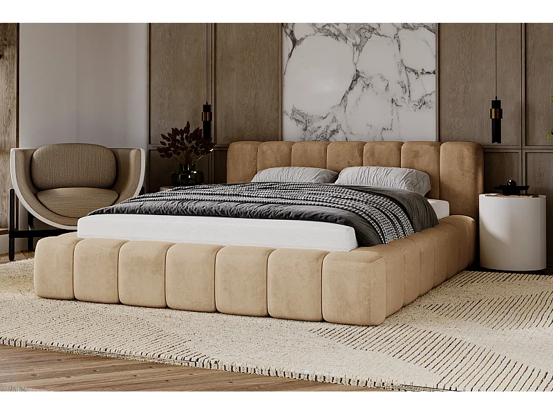 Emporius Lit rembourré 180x200 Bolonia - Lit adulte, lit capitonné, Lit double avec Rangement - Beige foncé (Amor Velvet 4302)