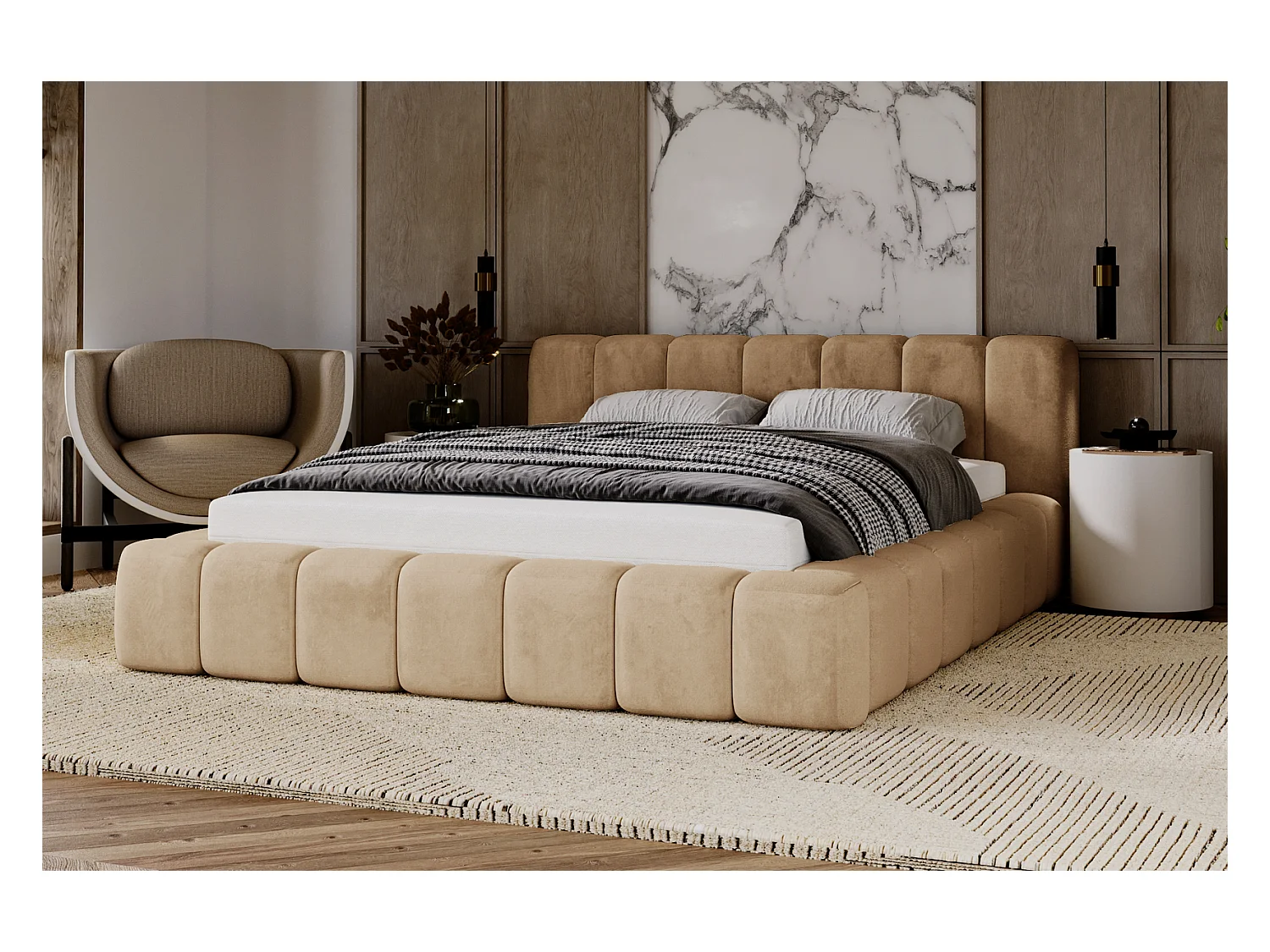 Emporius Lit rembourré 180x200 Bolonia - Lit adulte, lit capitonné, Lit double avec Rangement - Beige foncé (Amor Velvet 4302)