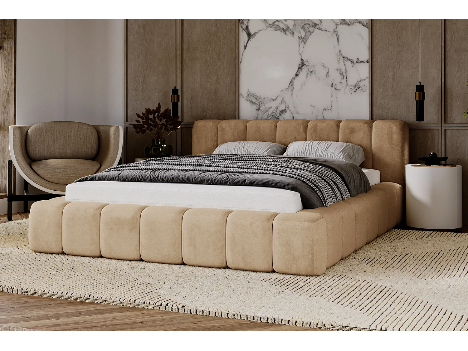 Emporius gestoffeerd tweepersoons bed 180x200 Bolonia - bed met opbergruimte - bed met lattenbodem - fluweel Donkerbeige (Amor Velvet 4302)