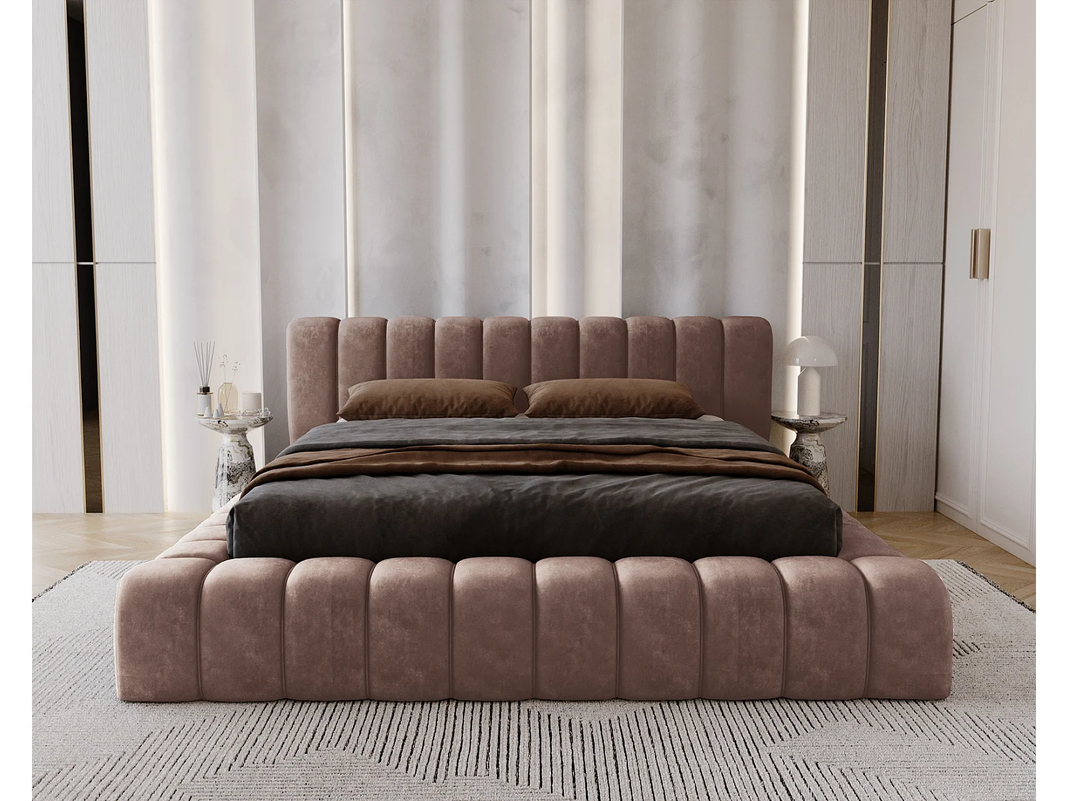 Emporius bed 160x200 met opbergruimte, lattenbodem Como - tweepersoonsbed, dik schuim, fluwelen - Bruin (Whisper 5)