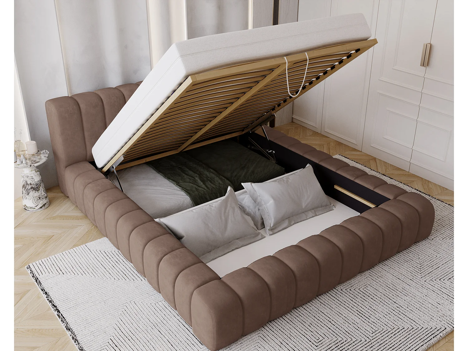 Emporius bed 160x200 met opbergruimte, lattenbodem Como - tweepersoonsbed, dik schuim, fluwelen - Bruin (Whisper 5)