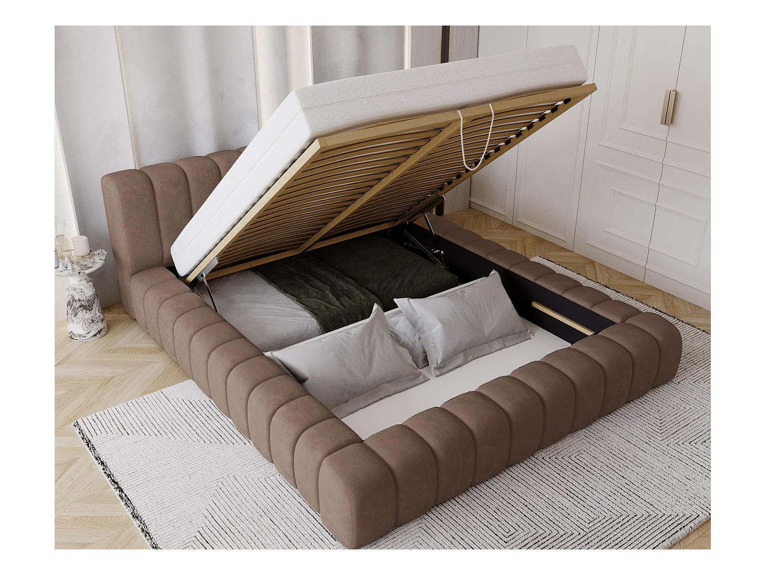 Emporius Lit avec Rangement 160x200cm Como, Lit capitonné, Lit adulte  - Mousse épaisse, tissu Velvet Brun (Whisper 5)