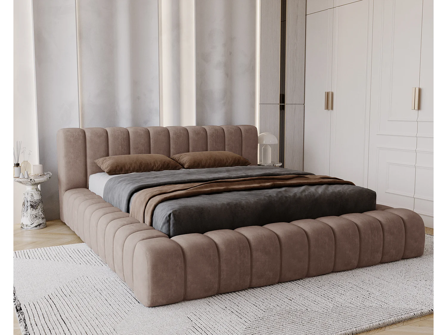 Emporius bed 160x200 met opbergruimte, lattenbodem Como - tweepersoonsbed, dik schuim, fluwelen - Bruin (Whisper 5)