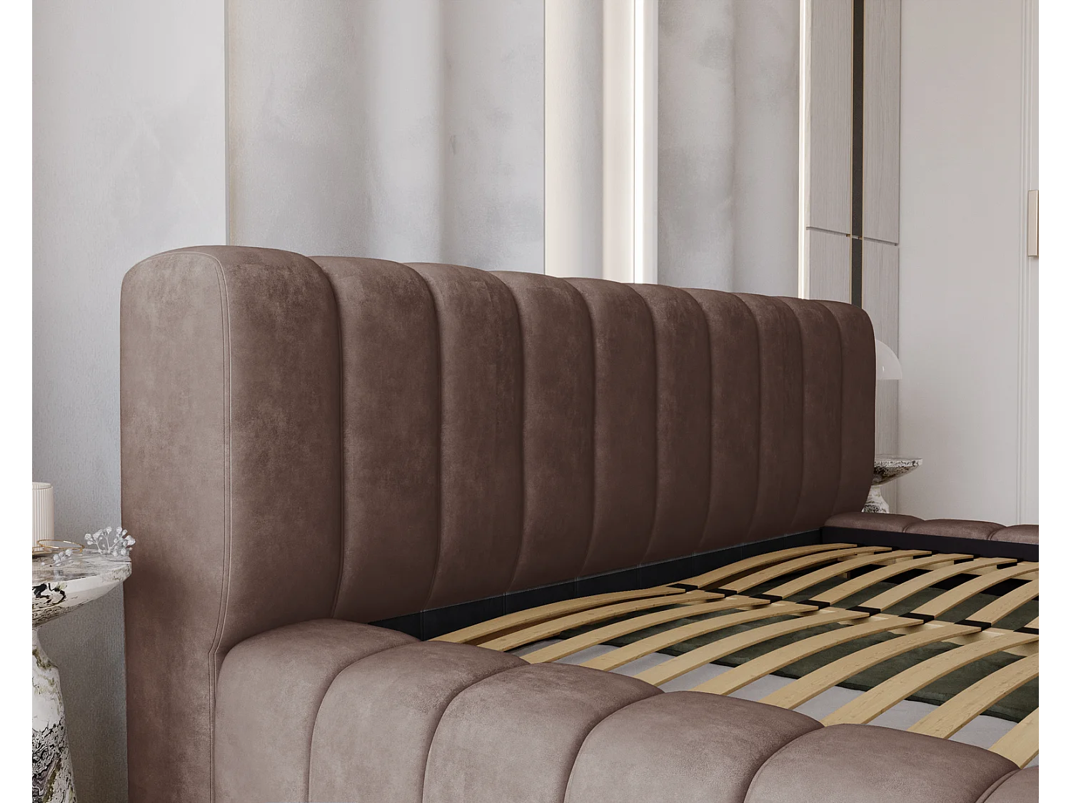 Emporius bed 160x200 met opbergruimte, lattenbodem Como - tweepersoonsbed, dik schuim, fluwelen - Bruin (Whisper 5)