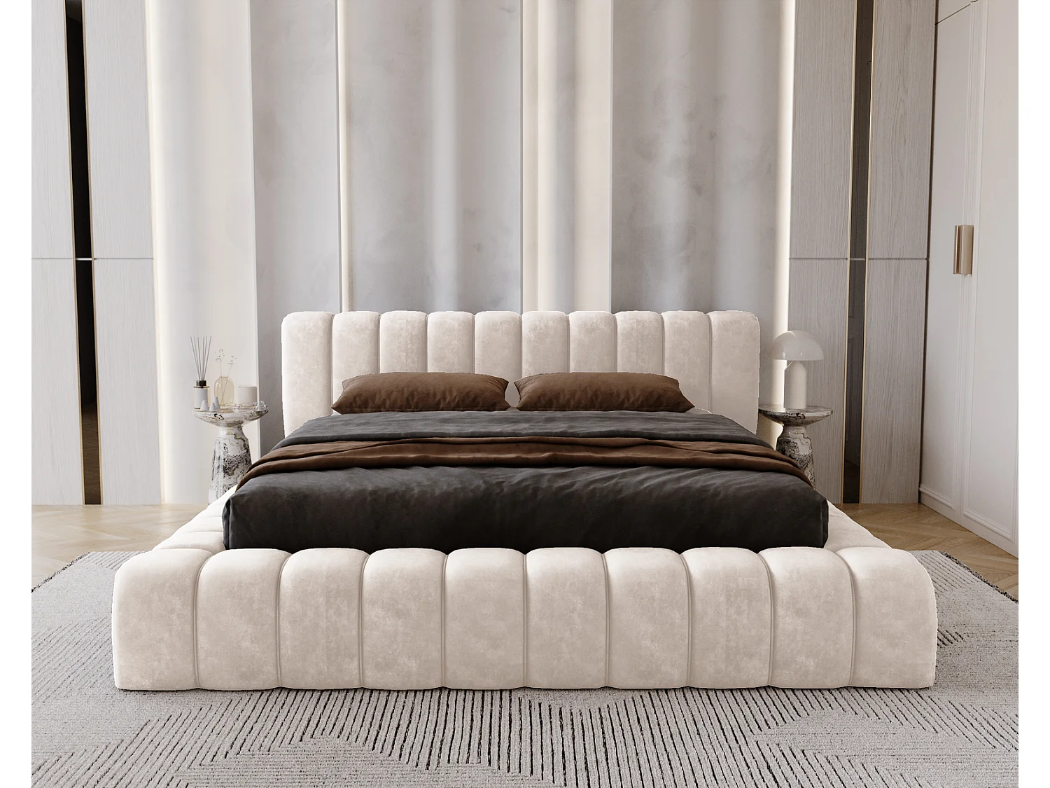 Emporius Lit avec Rangement 140x200cm Como, Lit capitonné, Lit adulte  - Mousse épaisse, tissu Velvet Crème (Whisper 1)