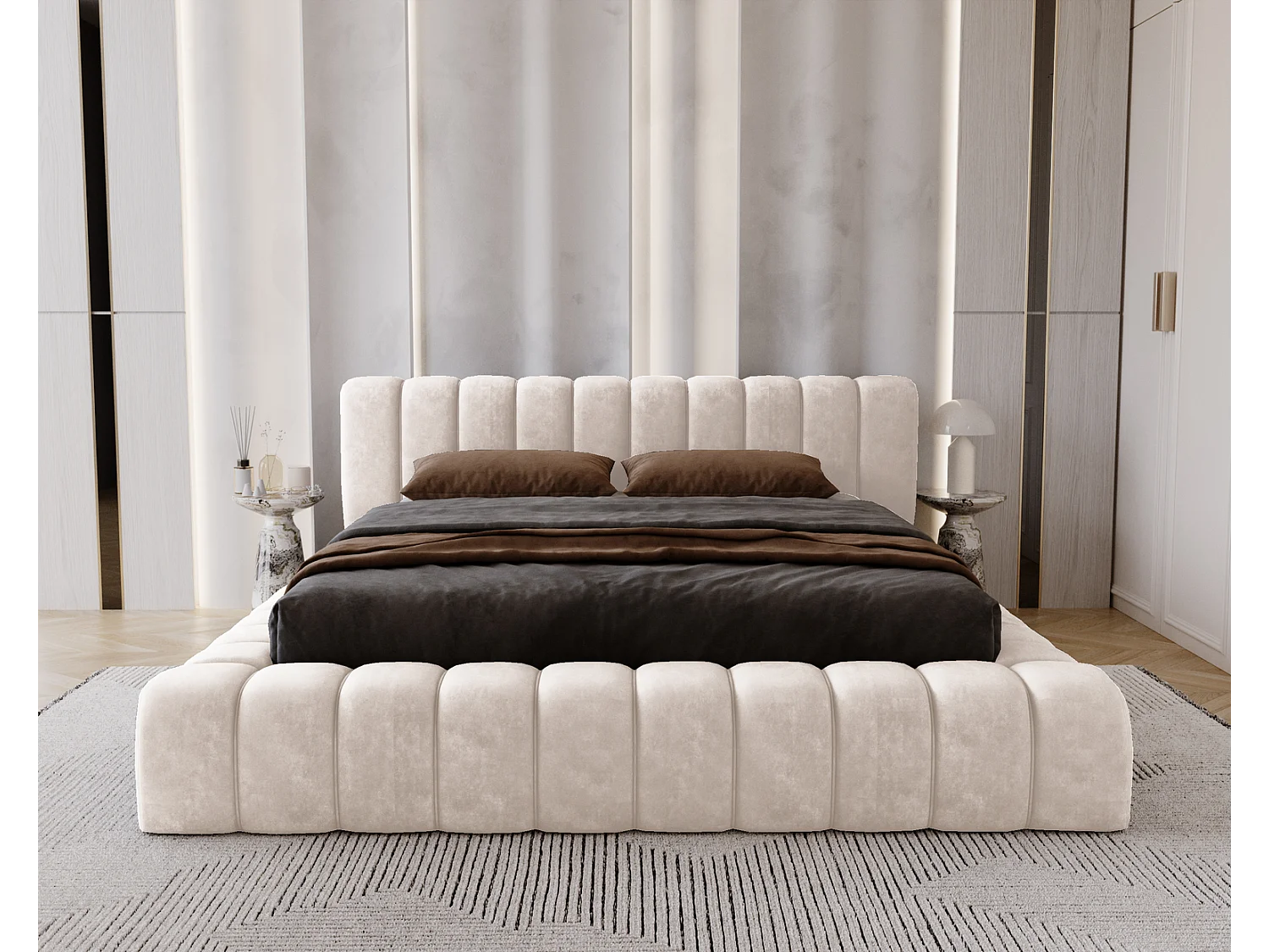 Emporius bed 140x200 met opbergruimte, lattenbodem Como - tweepersoonsbed, dik schuim, fluwelen - Crème (Whisper 1)