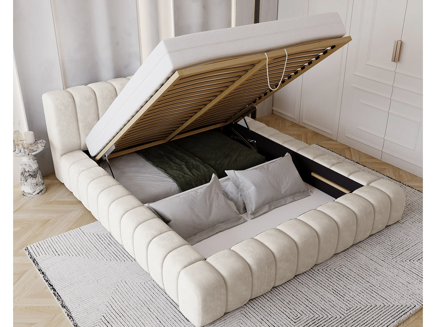 Emporius bed 140x200 met opbergruimte, lattenbodem Como - tweepersoonsbed, dik schuim, fluwelen - Crème (Whisper 1)