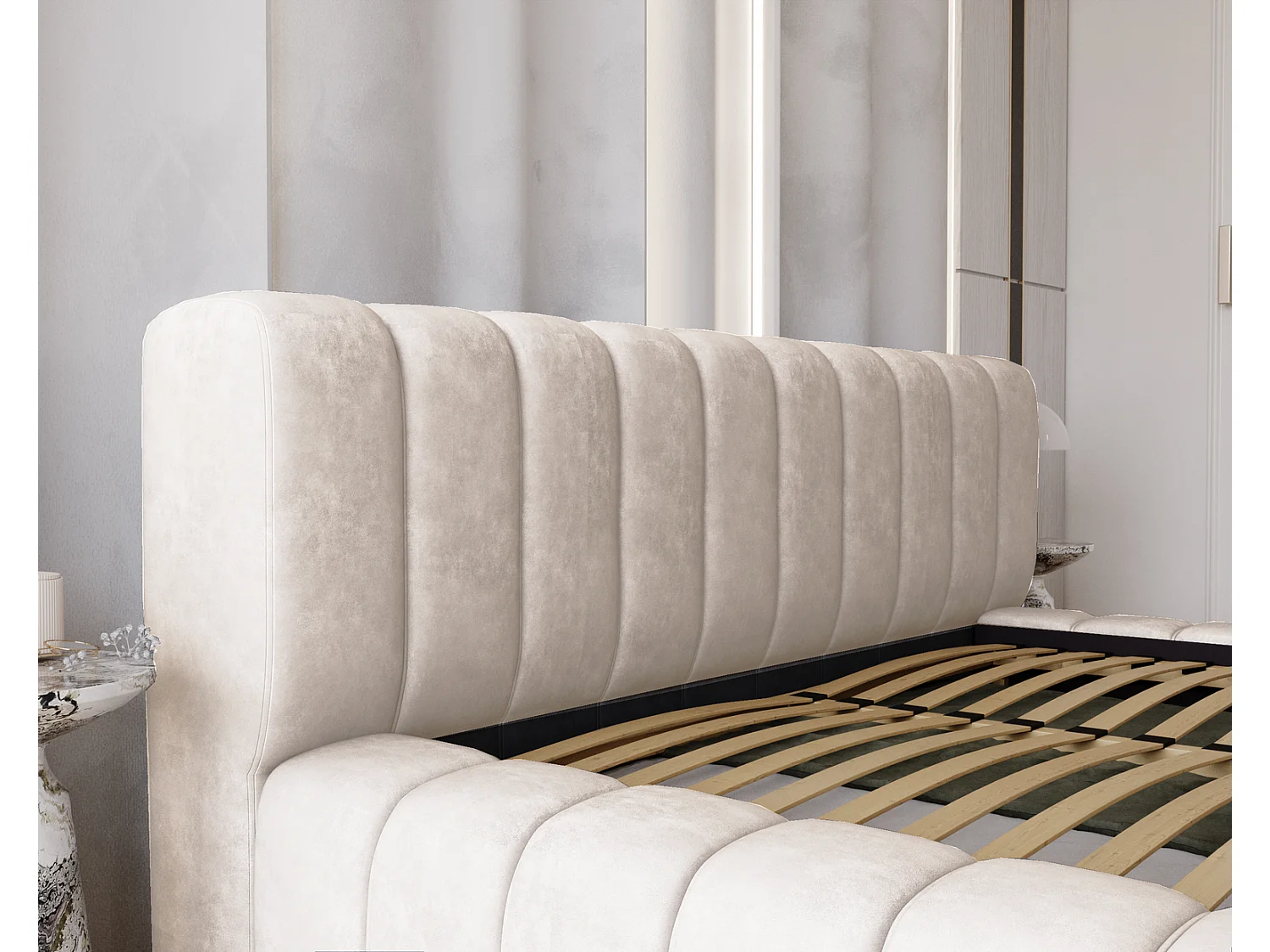 Emporius Lit avec Rangement 140x200cm Como, Lit capitonné, Lit adulte  - Mousse épaisse, tissu Velvet Crème (Whisper 1)