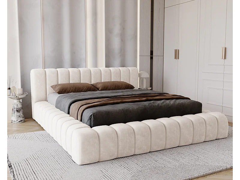 Emporius Lit avec Rangement 140x200cm Como, Lit capitonné, Lit adulte  - Mousse épaisse, tissu Velvet Crème (Whisper 1)