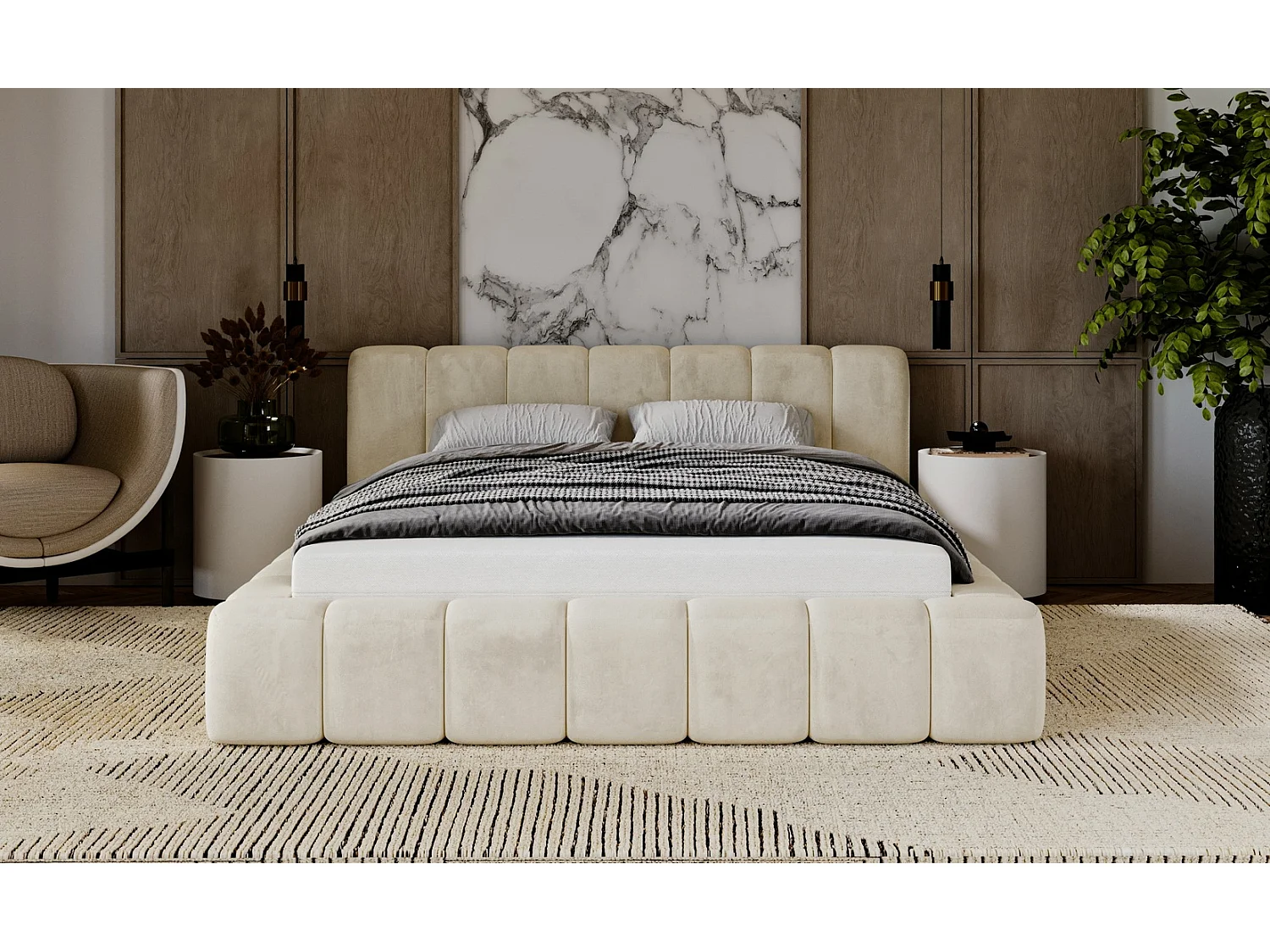 Emporius Lit rembourré 180x200 Bolonia - Lit adulte, lit capitonné, Lit double avec Rangement - Beige (Magic Velvet 2201)