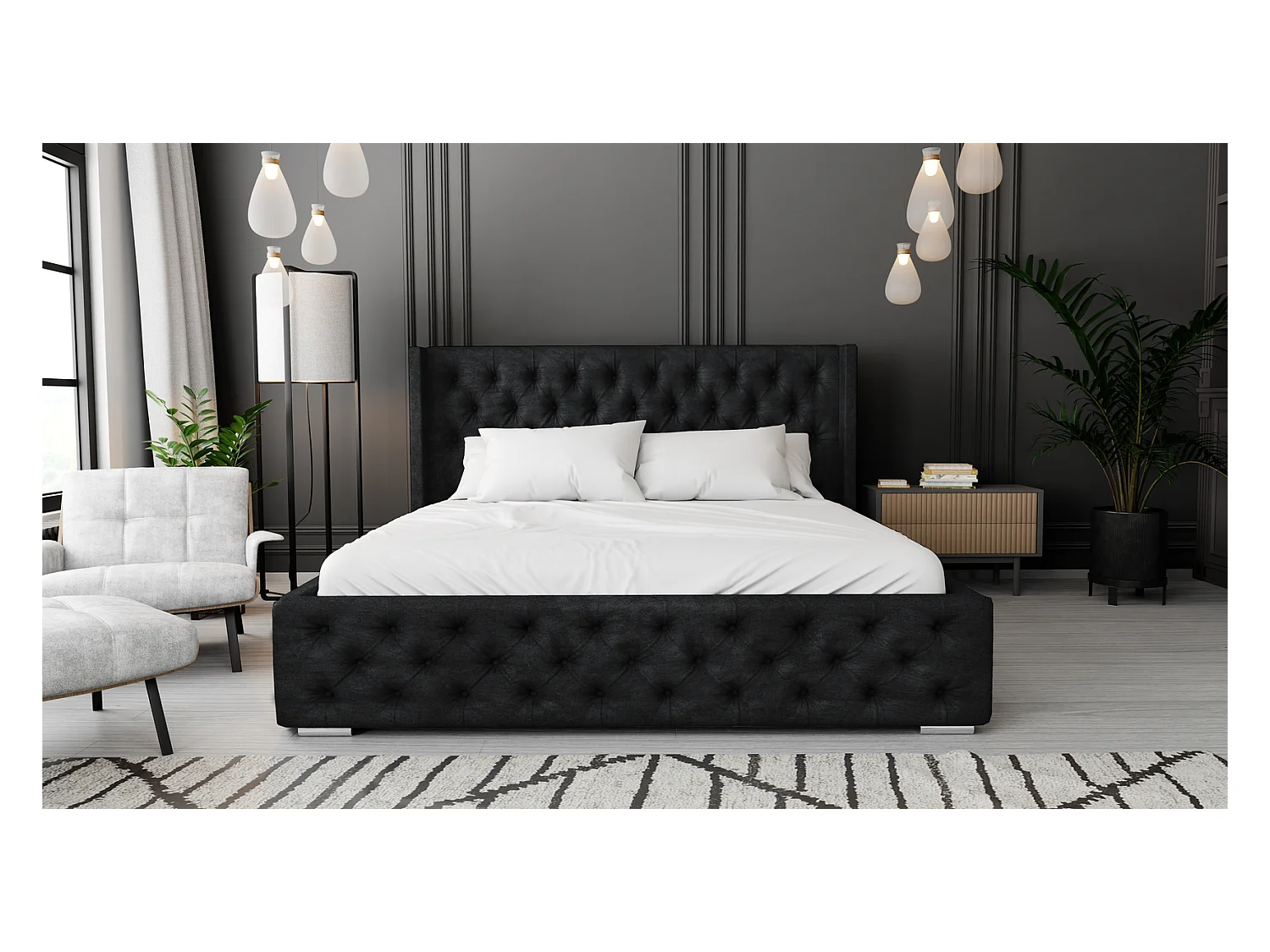 Emporius Lit adulte 160x200 Rolia - Lit double, capitonné - sommier à lattes, rangement, tête de lit - Velvet Noir (Kronos 07)