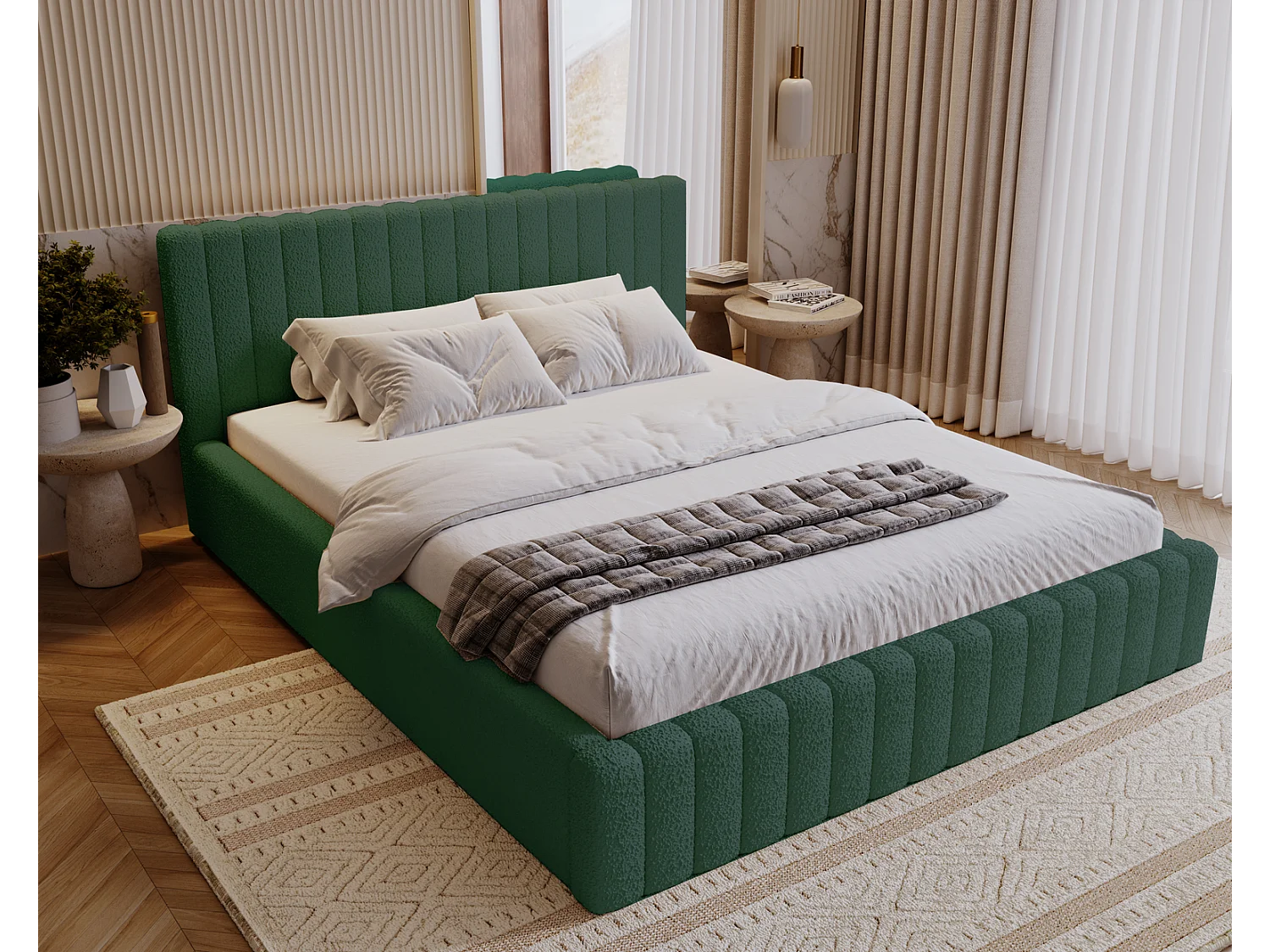 Emporius Polsterbett 140x200 cm Billo - Doppelbett mit Lattenrost und Kopfteil - Stauraum, Bettzeugkasten, Bettkasten - Boucle Grün (Anthology 13)