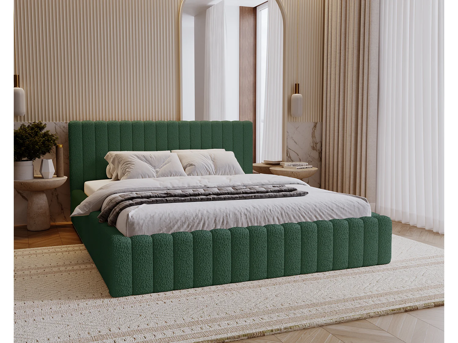 Emporius Lit Rembourré 140x200 cm Billo - lit double avec Rangement, Tête de Lit - Lit adulte, Chambre d'Adolescent - Bouclé Vert (Anthology 13)