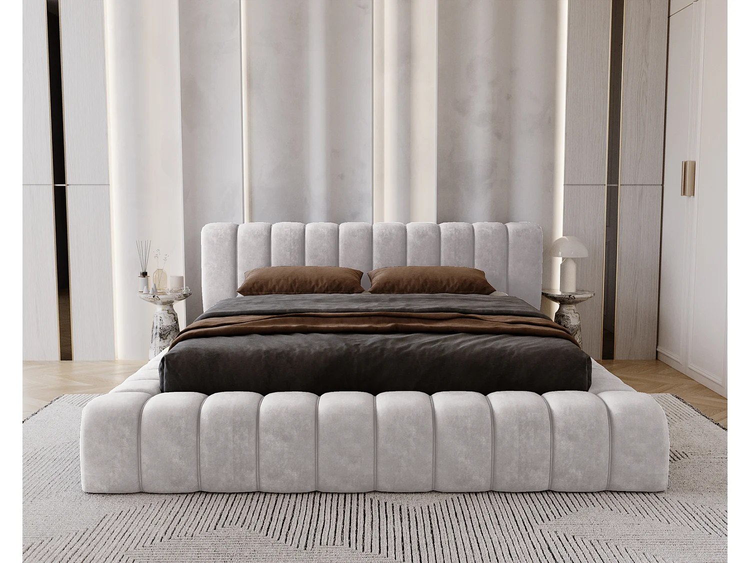 Emporius Lit avec Rangement 160x200cm Como, Lit capitonné, Lit adulte  - Mousse épaisse, tissu Velvet Gris clair (Whisper 16)