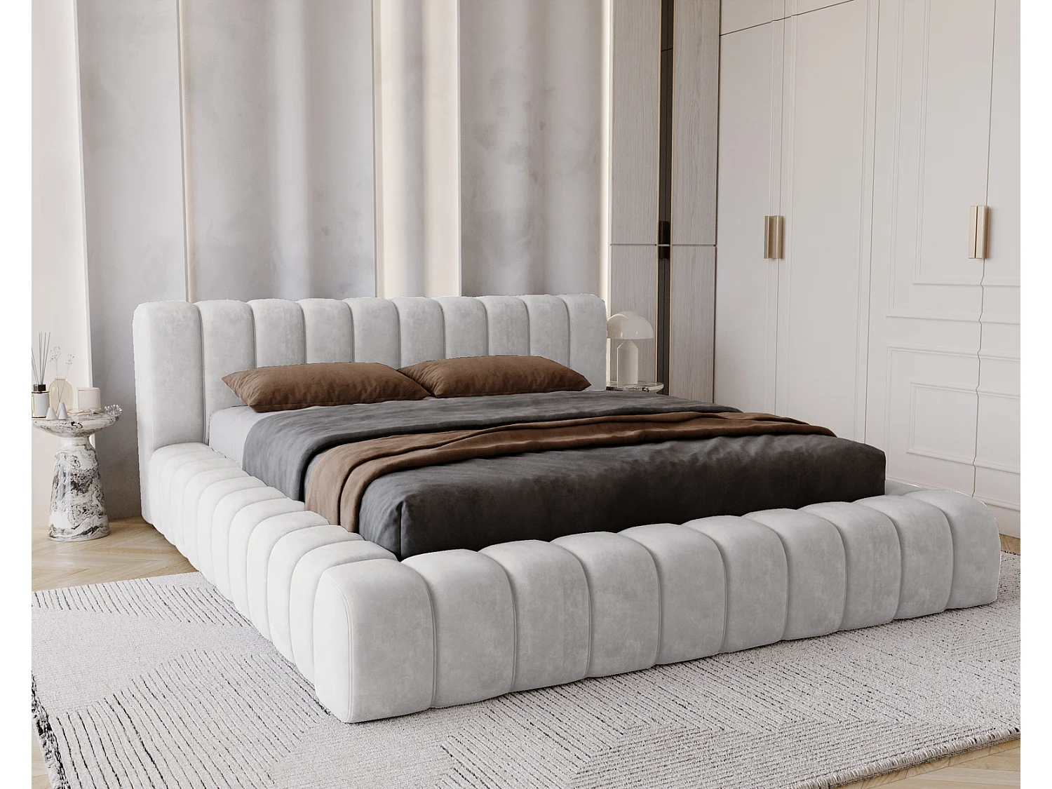 Emporius Lit avec Rangement 160x200cm Como, Lit capitonné, Lit adulte  - Mousse épaisse, tissu Velvet Gris clair (Whisper 16)