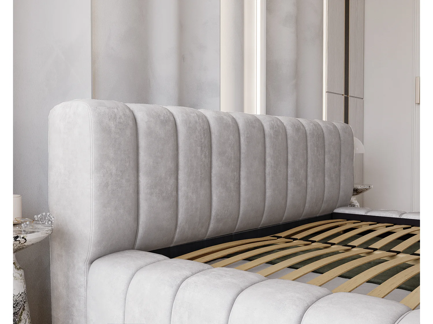 Emporius Lit avec Rangement 160x200cm Como, Lit capitonné, Lit adulte  - Mousse épaisse, tissu Velvet Gris clair (Whisper 16)