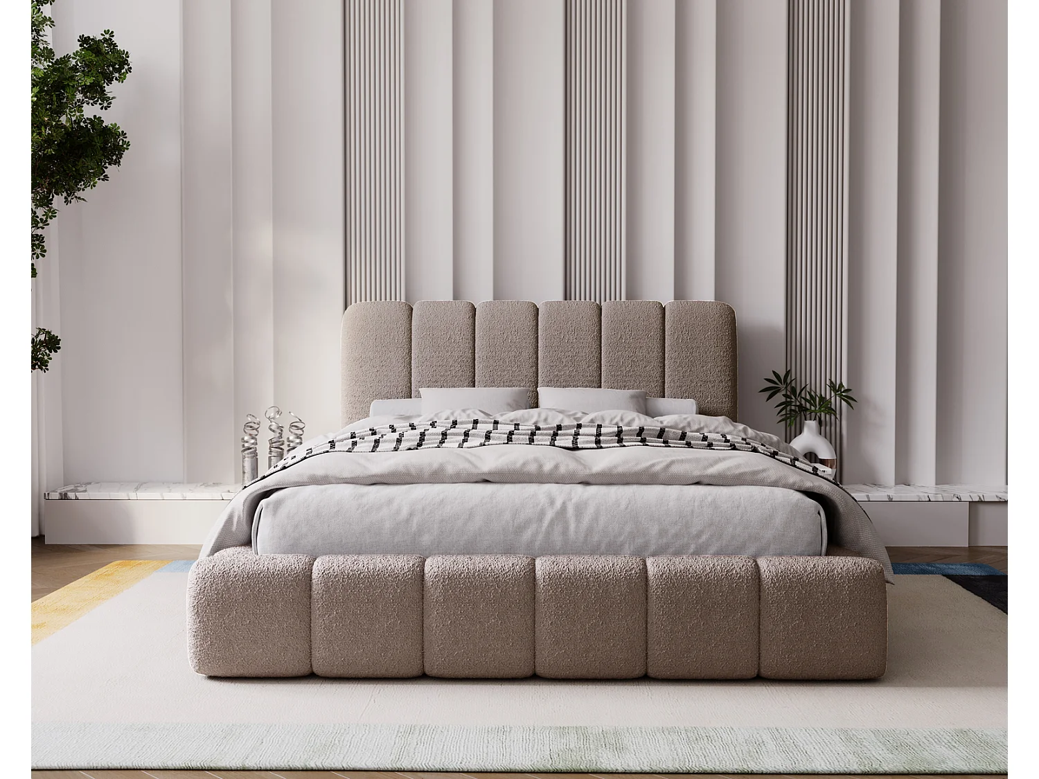 Emporius Doppelbett 180x200 Milan - Lattenrost, Bettkasten, Kopfteil - Polsterbett Bouclé (Braun - Anthology 5)