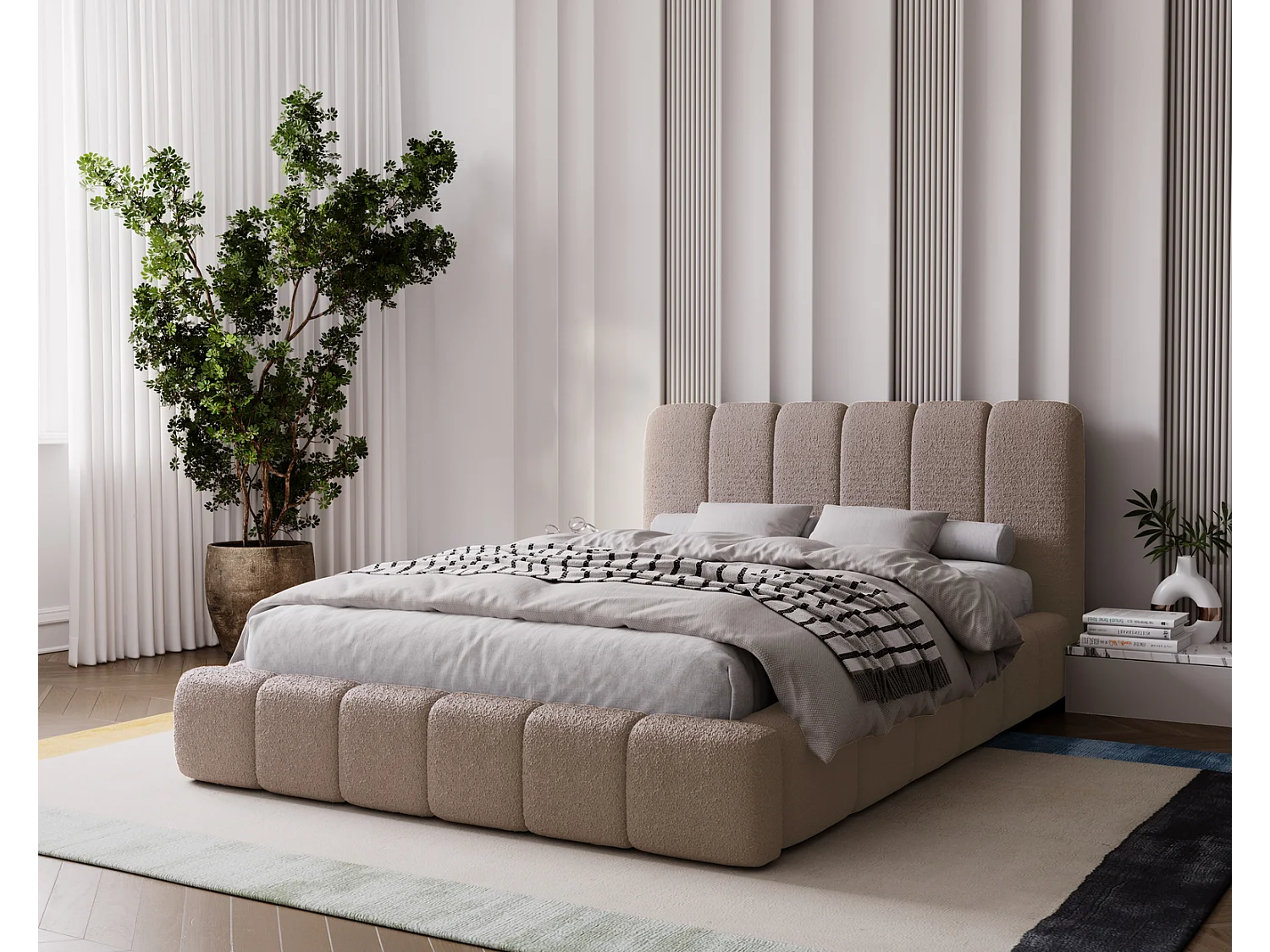 Emporius Doppelbett 180x200 Milan - Lattenrost, Bettkasten, Kopfteil - Polsterbett Bouclé (Braun - Anthology 5)