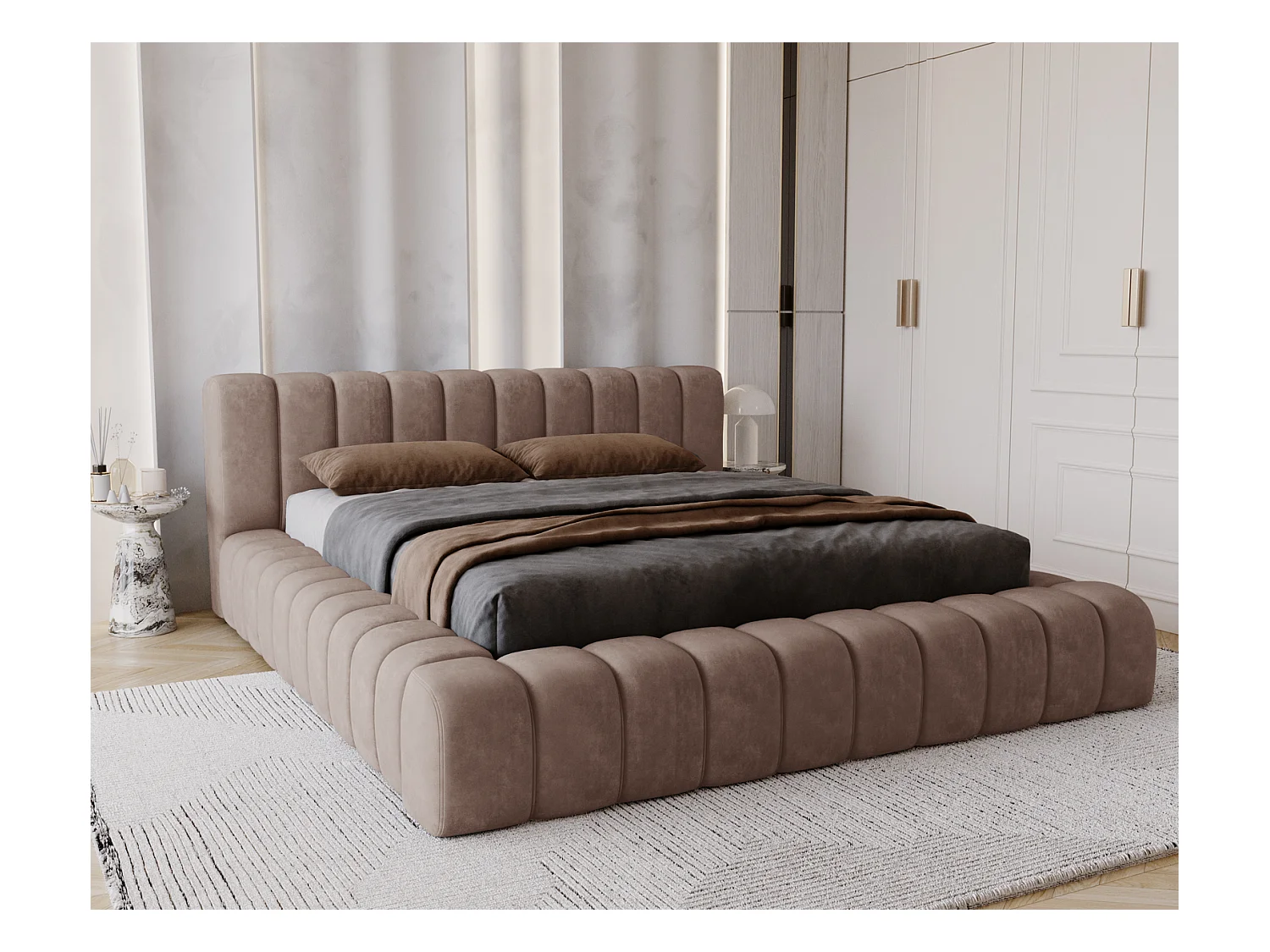 Emporius bed 180x200 met opbergruimte, lattenbodem Como - tweepersoonsbed, dik schuim, fluwelen - Bruin (Whisper 5)