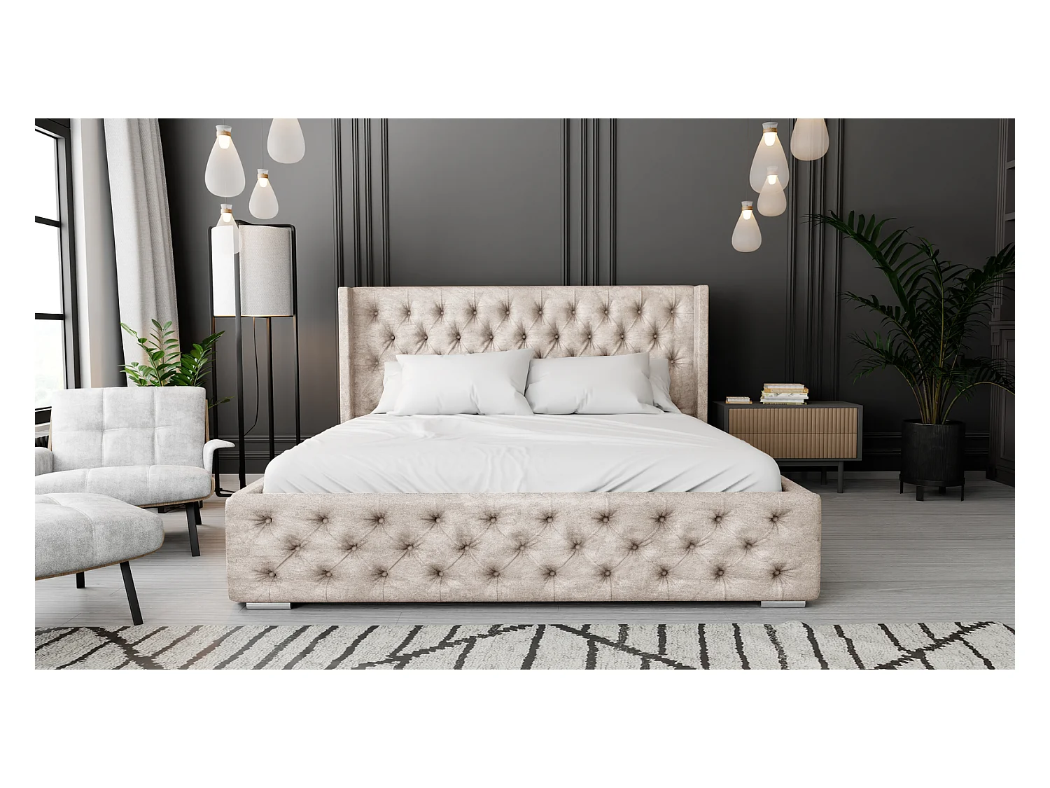 Emporius Lit adulte 200x200 Rolia - Lit double, capitonné - sommier à lattes, rangement, tête de lit - Velvet Beige (Paros 02)