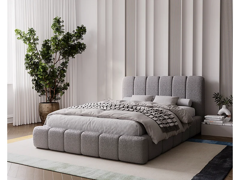 Emporius Lit coffre 160x200 Milan, Lit Rembourré avec Rangement - Lit bouclé Gris clair (Anthology 15)