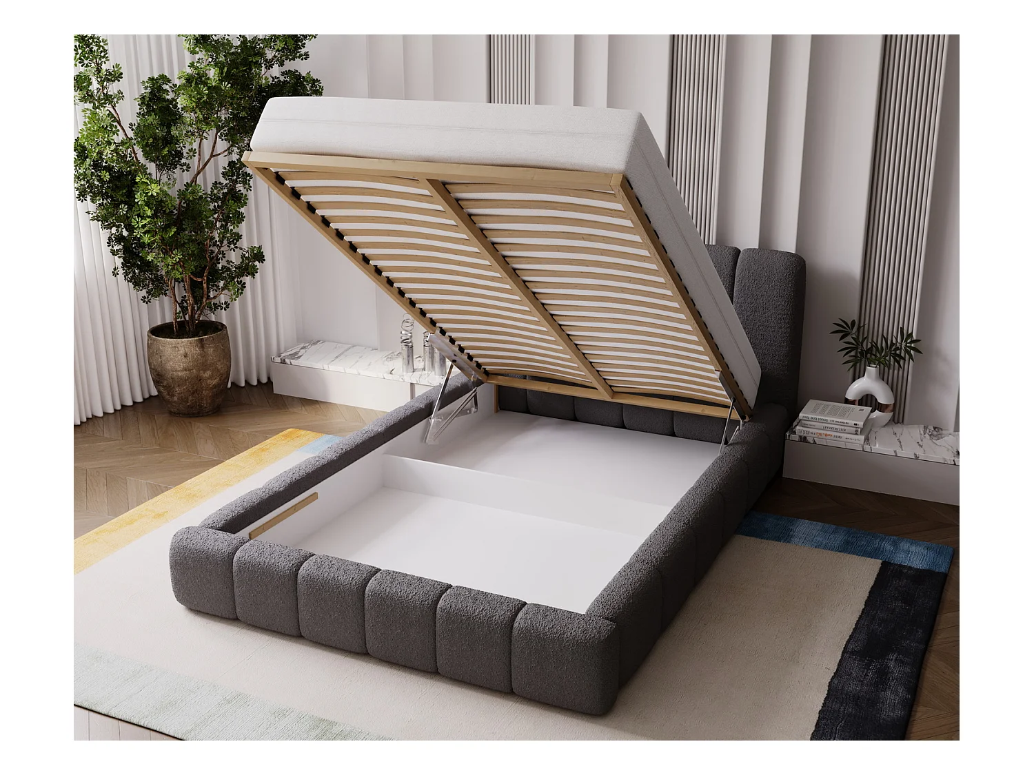 Emporius Lit coffre 160x200 Milan, Lit Rembourré avec Rangement - Lit bouclé Gris clair (Anthology 15)