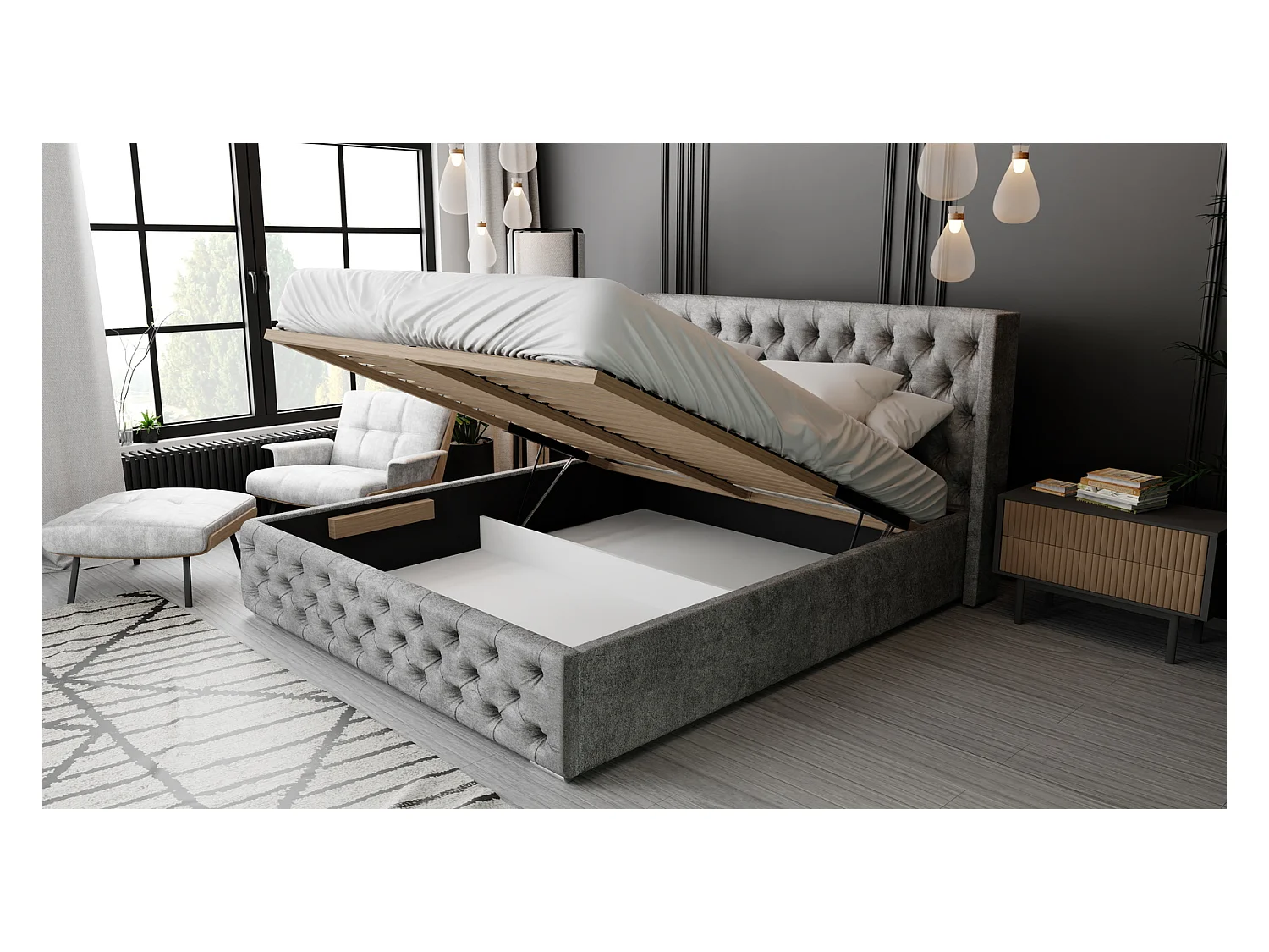 Emporius Lit adulte 140x200 Rolia - Lit double, capitonné - sommier à lattes, rangement, tête de lit - Velvet Noir (Kronos 07)