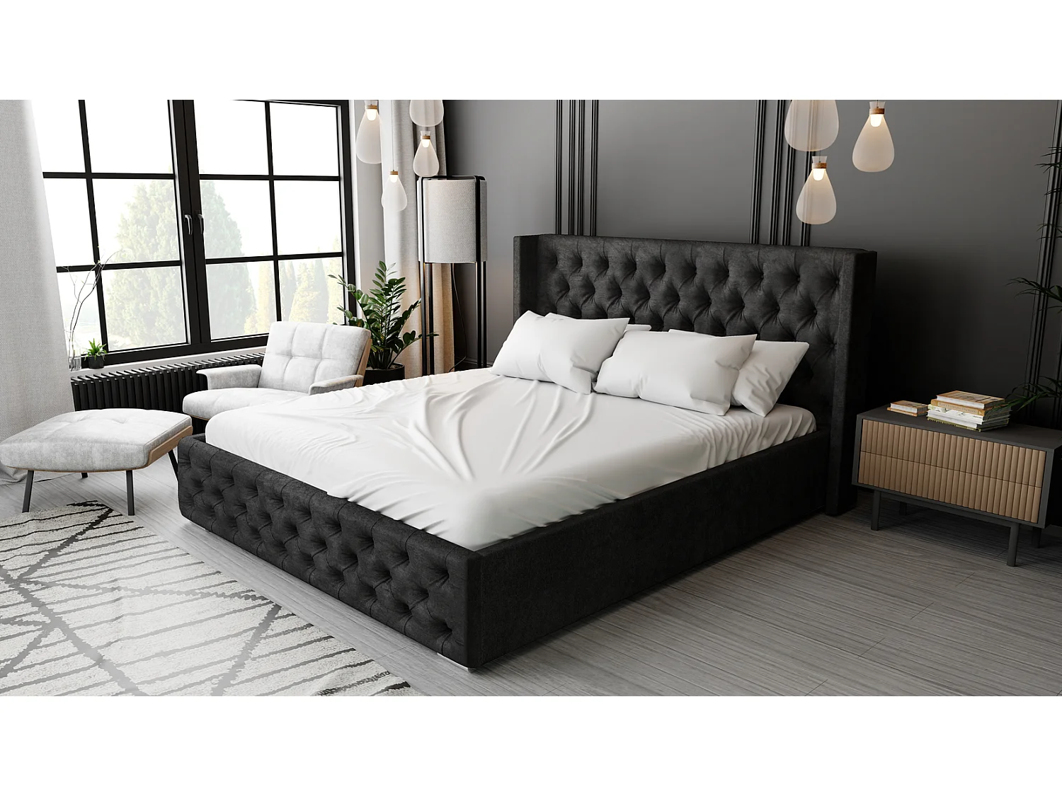 Emporius Lit adulte 140x200 Rolia - Lit double, capitonné - sommier à lattes, rangement, tête de lit - Velvet Noir (Kronos 07)