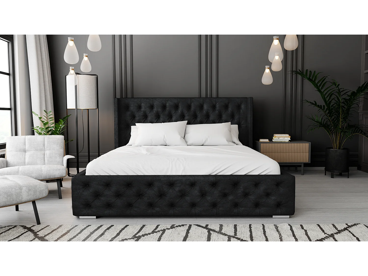 Emporius Lit adulte 140x200 Rolia - Lit double, capitonné - sommier à lattes, rangement, tête de lit - Velvet Noir (Kronos 07)