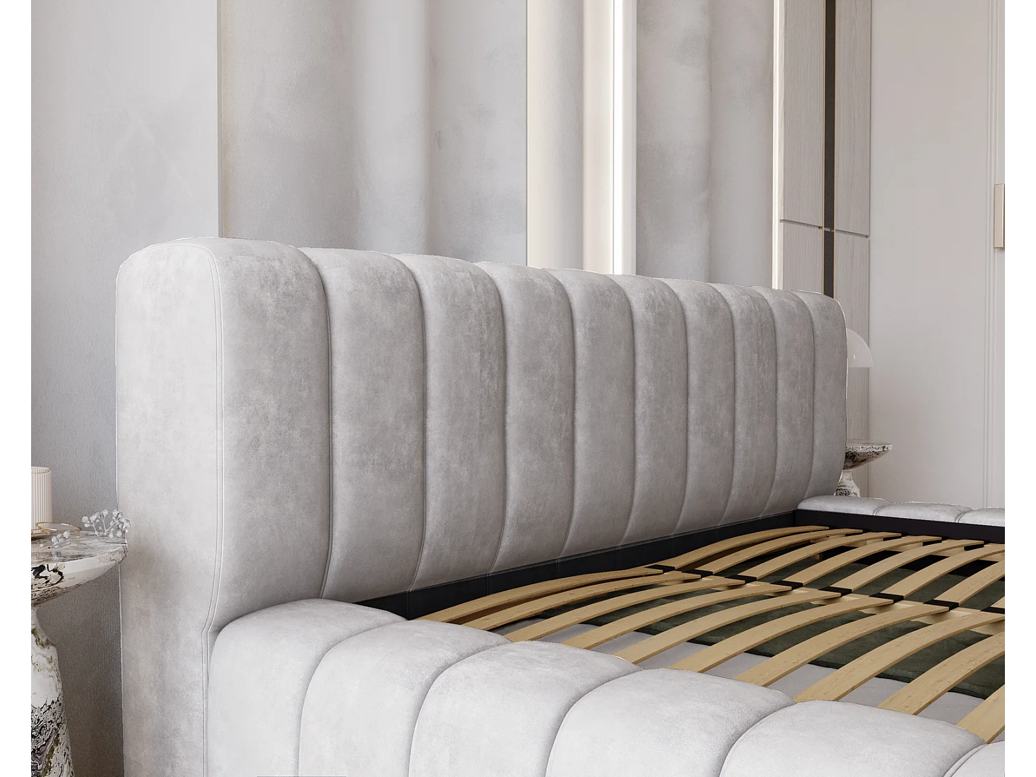 Emporius bed 140x200 met opbergruimte, lattenbodem Como - tweepersoonsbed, dik schuim, fluwelen - Lichtgrijs (Whisper 16)