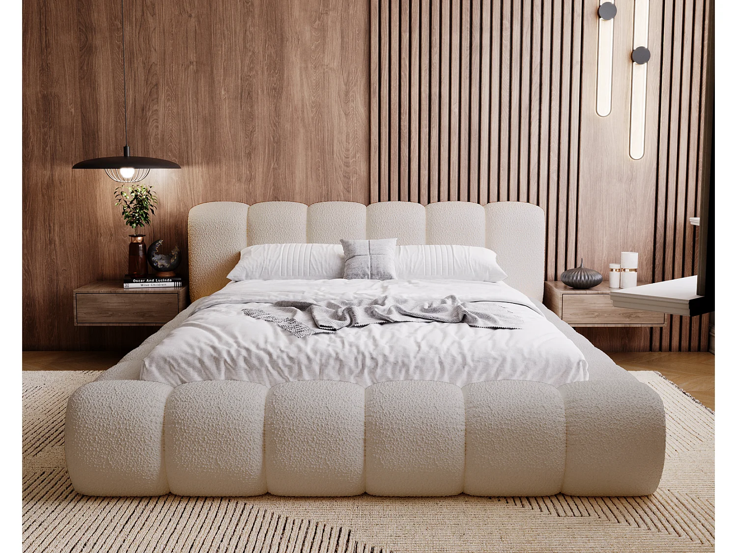 Emporius Lit Rembourré avec Rangement 140x200 Cloud -  Lit coffre, Sommier à Lattes - Lit adulte, Lit double 140x200, tissu bouclé - Beige (Anthology 3)