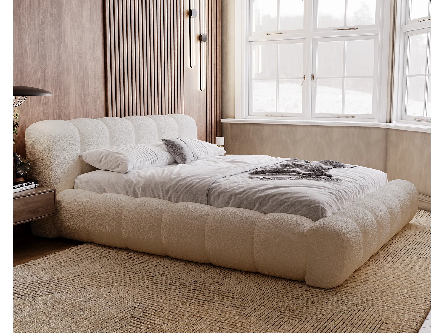 Emporius Lit Rembourré avec Rangement 140x200 Cloud -  Lit coffre, Sommier à Lattes - Lit adulte, Lit double 140x200, tissu bouclé - Beige (Anthology 3)