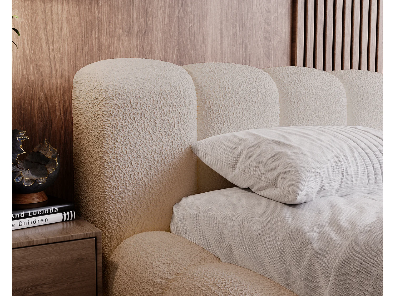 Emporius Lit Rembourré avec Rangement 140x200 Cloud -  Lit coffre, Sommier à Lattes - Lit adulte, Lit double 140x200, tissu bouclé - Beige (Anthology 3)